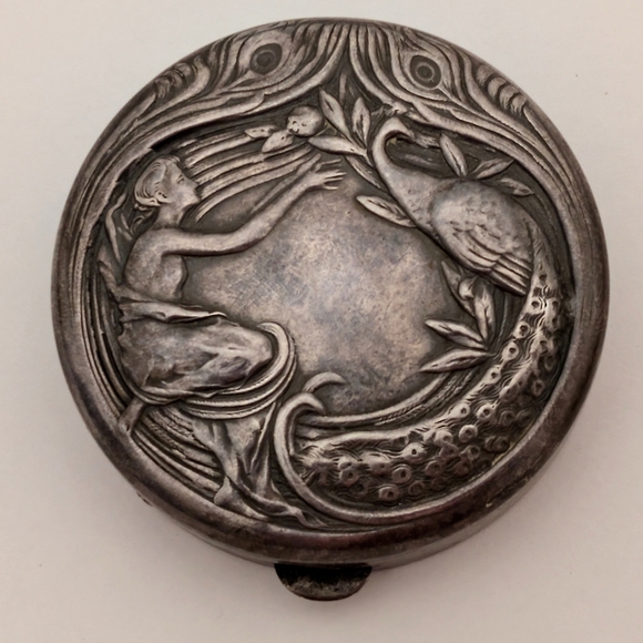 Antique Art Nouveau Sterling Silver Lady & Bird Pill/Trinket Box - Picture 3 of 9